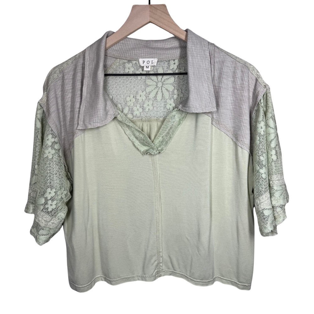 POL MEDIUM Pistachio Green Ribbed Floral Lace Mixed Media Polo Collared Crop Top